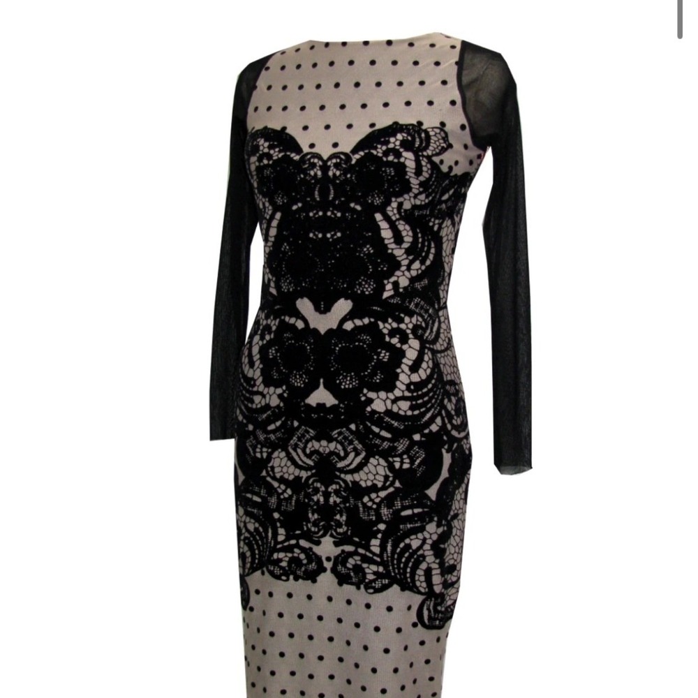 Petit Pois Viviana G Sheer Mesh‎ Flocked Paisley Lace Bodycon Midi Dress M  LBD